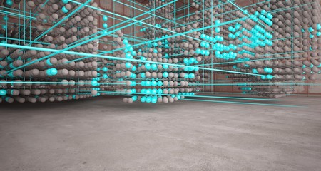 Abstract architectural concrete  interior  from an array of blue spheres with large windows. 3D illustration and rendering.