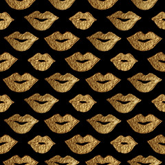 Lips gold hand painted seamless pattern. Abstract golden mouth background. Smile texture in vintage luxury style.