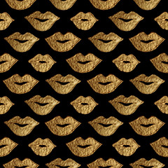 Lips gold hand painted seamless pattern. Abstract golden mouth background. Smile texture in vintage luxury style.