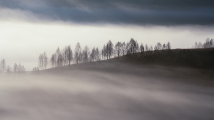 Obraz na płótnie Canvas Alpine sea in the mountains. Dumesti a village from Romania cover in fog.