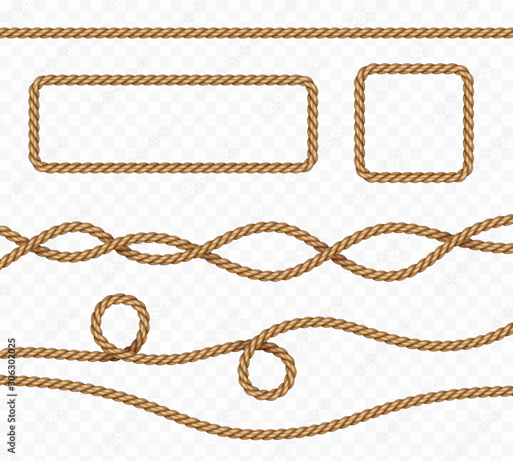 Wall mural rope frame set isolated on transparent background. vector realistic texture string, jute, thread or  - Wall murals
