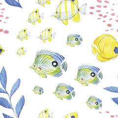 set of a flock of watercolor aquarium fish swimming among algae