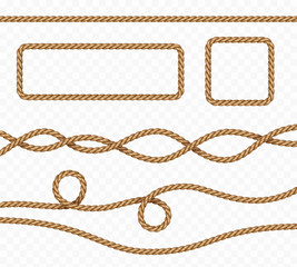 Rope frame set isolated on transparent background. Vector realistic texture string, jute, thread or cord borders pattern.