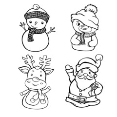 coloring book set outline characters solid santa claus deer snowman bear doodle vector chonto white stickers