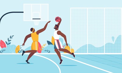 Plakat Afro-American Male Team Playing Basketball Cartoon
