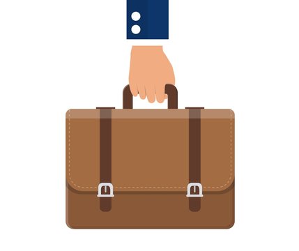 Business concept. Businessman hand holding briefcase with corporate company documents. Vector illustration in flat style