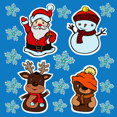 characters colored stickers santa claus deer snowman bear vector doodle new year holiday christmas