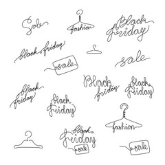 Black Friday Sale set, hand lettering, emblem or logo design, continuous line drawing, tattoo, inscription, print for clothes, one single line on a white background, isolated vector illustration.