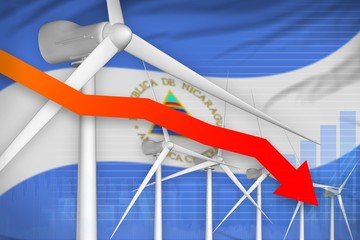 Nicaragua wind energy power lowering chart, arrow down - green natural energy industrial illustration. 3D Illustration