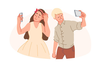Smartphone addiction, selfie obsession, trendy lifestyle concept