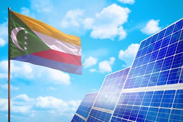 Comoros alternative energy, solar energy concept with flag industrial illustration - symbol of fight with global warming, 3D illustration