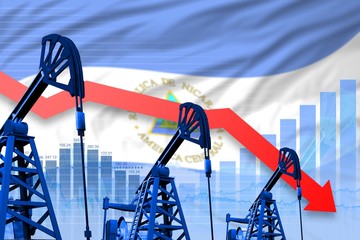 lowering, falling graph on Nicaragua flag background - industrial illustration of Nicaragua oil industry or market concept. 3D Illustration