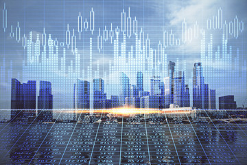 Forex chart on cityscape with tall buildings background multi exposure. Financial research concept.