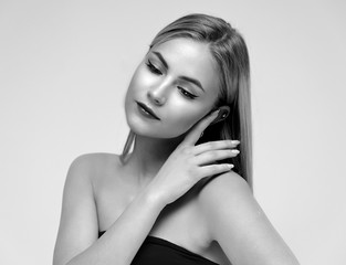 Concept art of beauty, glamor and cosmetics. A large portrait in black and white style of a...