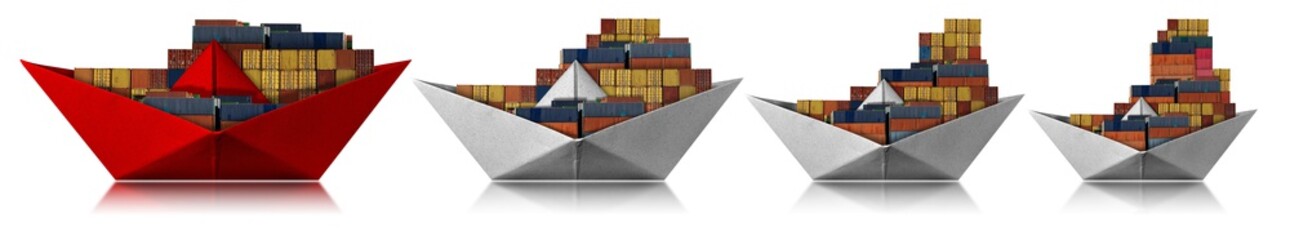 Cargo container ships isolated on white - Paper boats