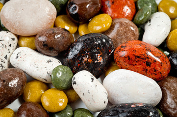 Pebble-dragee with apricots, chocolate, mandarin and marzipan. Tasty, bright, shot on a white background.
