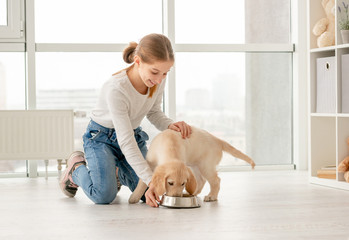 Happy girl next to eating puppy