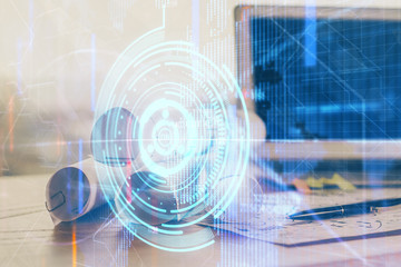 Technology theme drawing and table with computer. Double exposure. Concept of information.