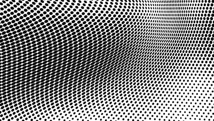 Abstract halftone texture in the form of a wave. Monochrome art background of black dots on white. Vector chaotic pattern. Template for printing and design of business cards, labels, posters