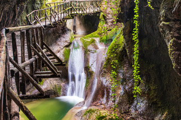 Caglieron caves and waterfalls. Magic of emerald. Vittorio Veneto, Italy