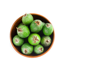 Juicy and ripe feijoa isolated on a white background. Healthy autumn fruit.