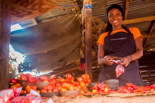 young african woman selling food stuff in a local african market smiling