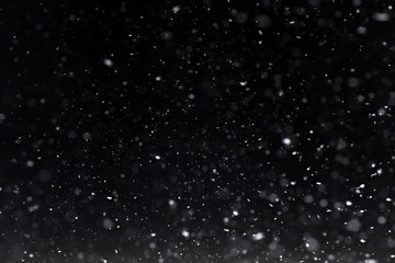Falling  snow at night. Bokeh lights on black background, flying snowflakes in the air. Overlay texture. Snowstorm - 306311467