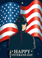 happy veterans day celebration with military and flag vector illustration design