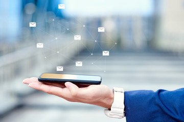 Business Man hand using smart phone, Contact us connection concept, email, mail, call