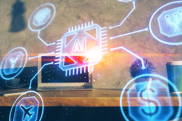 Multi exposure of computer on background and technology theme drawing. Concept of innovation.