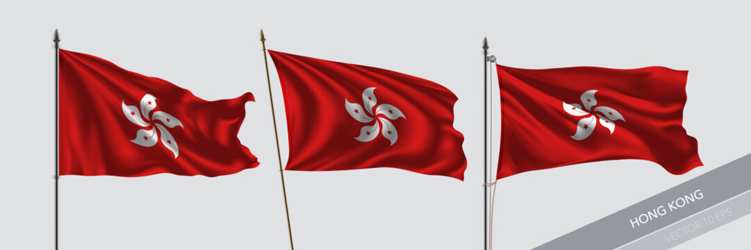 Set of Hong Kong waving flag on isolated background vector illustration
