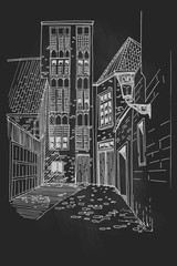 Vector sketch of street scene with traditional architecture in Bruges, Belgium