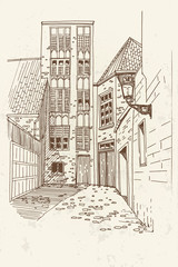 Vector sketch of street scene with traditional architecture in Bruges, Belgium