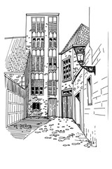 Vector sketch of street scene with traditional architecture in Bruges, Belgium