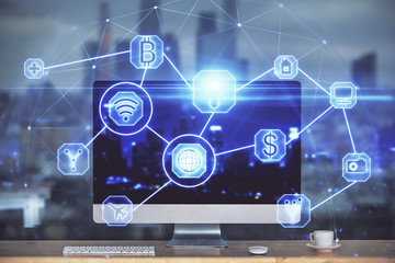 Computer on desktop with social network theme icon. Multi exposure. Concept of international connections.