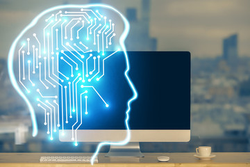 Double exposure of table with computer and brain hologram. Data innovation concept.