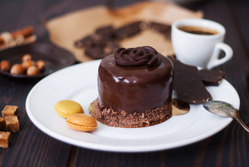 Chocolate cake on the kitchen table .