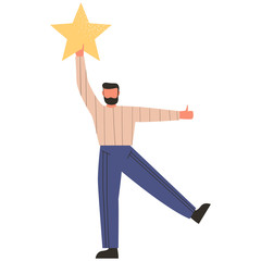 Man holding a star isolated on white background. Costumer product review. Man giving positive feedback. Satisfied consumer concept. Flat vector illustration
