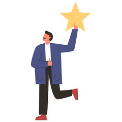 Man holding a star isolated on white background. Costumer product review. Man giving positive feedback. Satisfied consumer concept. Flat vector illustration