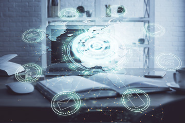 Computer on desktop with social network theme icon. Multi exposure. Concept of international...