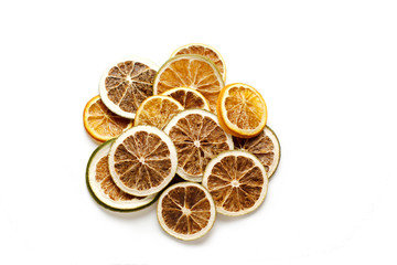 Top view of dry orange slices on isolated background.