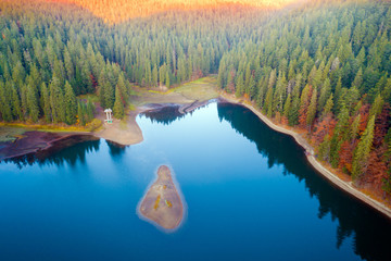 Aerial view of Lake Synevyr in the Carpathian mountains of Ukraine. Synevyr Polyana National Park in the Transcarpathian region. Ukraine, Europe
