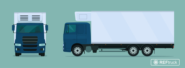 Refrigerated truck. Side and front view. Vector flat style illustration.