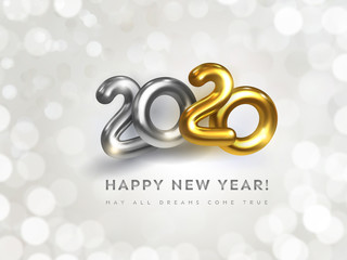 Obraz na płótnie Canvas Happy New 2020 Year greeting card with wish text. Holiday vector illustration of golden metallic numbers 2020 on white background with bokeh. Realistic 3d silver and gold sign. Festive banner design