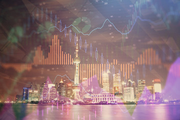 Financial graph on night city scape with tall buildings background multi exposure. Analysis concept.