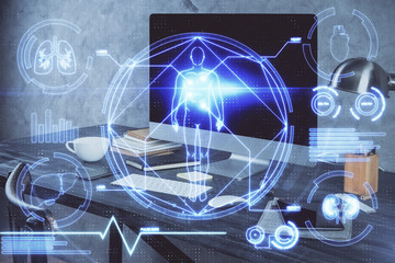 Desktop computer background and education theme drawing. Double exposure. Study concept.