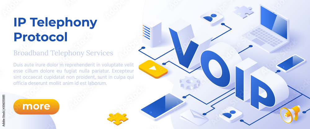 Poster voip ip telephony services - isometric vector concept illustration. voice over ip or internet protoc