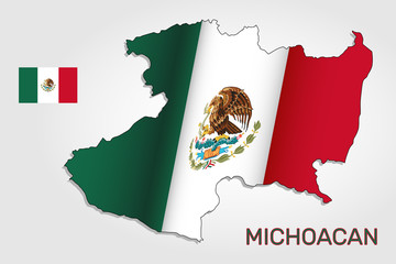 Vector map of Michoacan state combined with waving Mexican national flag. Michoacan silhouette or borders for geographic themes - Vector
