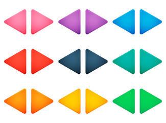 Colorful triangle arrow buttons set. Vector assets for web or game design, app buttons, icons template isolated on white background.
