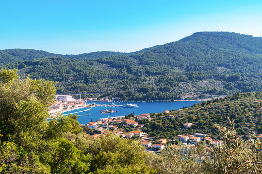 Aerial view of harbor, Vela Luka town on the island of Korcula, Croatia